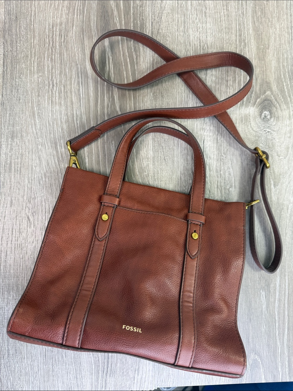 Fossil Brown Leather Pebbled Crossbody Tote